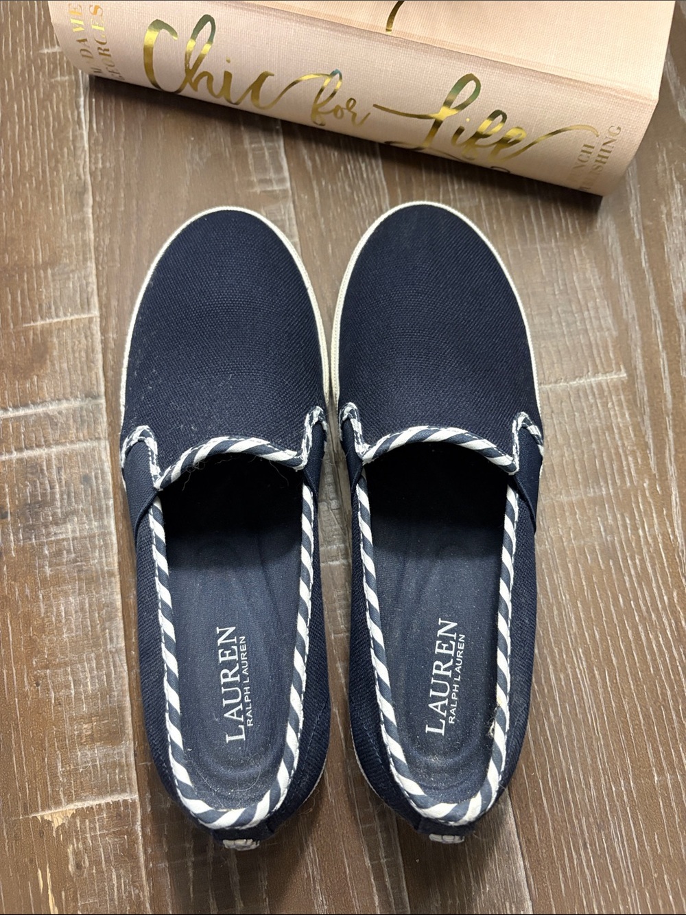 Lauren Ralph Lauren Navy Canvas Slip-On Sneakers with Striped Trim